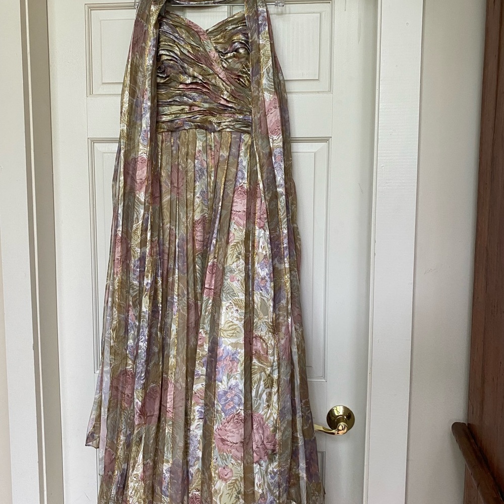 Silk formal gown and matching 103”x43” scarf. Green, pink, beige, gold threads.